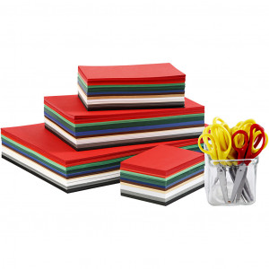 Papier cartonné de couleurs et set de ciseaux enfants, ass. de couleurs,  A3,A4,A5,A6, 180 gr, 1 set 