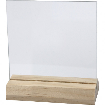 Plaque de verre avec socle en bois, dim. 7,5x7,5 cm, ép. 28 mm, 10 set/ 1  boîte 